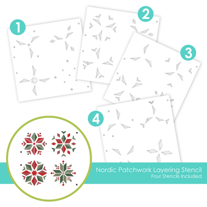 Graphic of Nordic Patchwork Layering Stencil which is used for papercrafting.