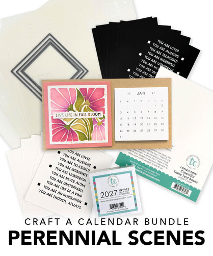 Handmade 2027 landscape table tent calendar featuring a pink floral Perennial Scenes design beside a square tear-off calendar.