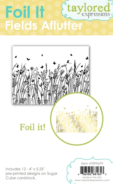 Taylored Expressions Foil It - Fields Aflutter packaging featuring a delicate wildflower and butterfly design ready for metallic foiling.