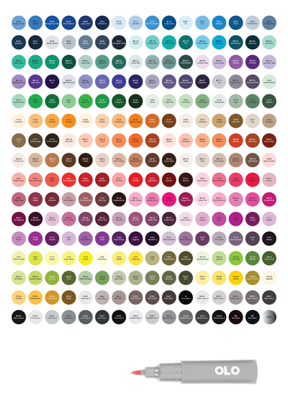 Wide-format OLO Fine Nib 256 Color Set chart featuring the complete alcohol marker color collection, with 256 labeled circular swatches organized by color family.