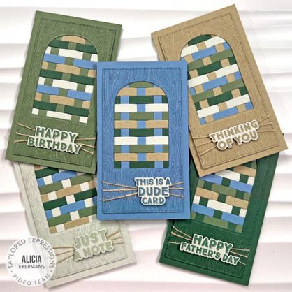 Five handmade greeting cards with woven paper and different sentiments on it.