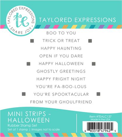 Graphic of Mini Strips - Halloween Rubber Stamp Set that includes sentiments for papercrafting.