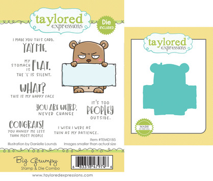 Graphic of Big Grumpy stamp die and combo of a grumpy bear with different sentiments for papercrafting.
