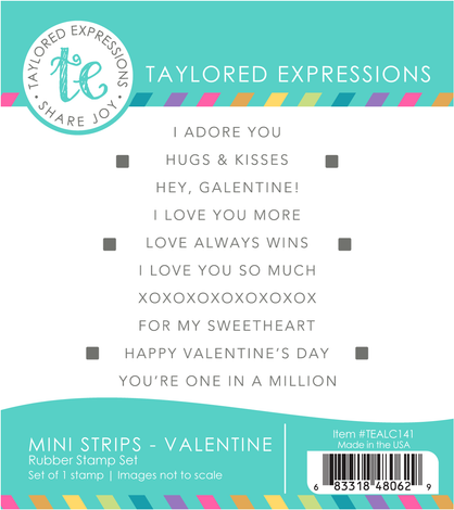 Graphic of Mini Strips - Valentine Red Rubber Stamp Set which includes various Valentine's Day themed sentiments for papercrafting.