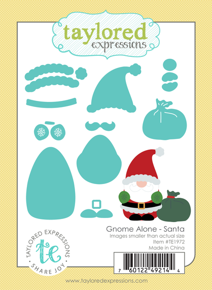 Graphic of Gnome Alone - Santa steel die set that includes a gnome and santa outfit for papercrafting.