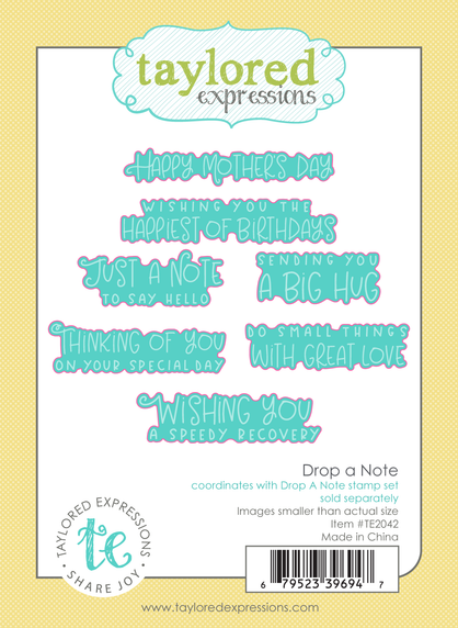 Graphic of Drop a Note steel dies which includes dies that cut out sentiments for papercrafting.