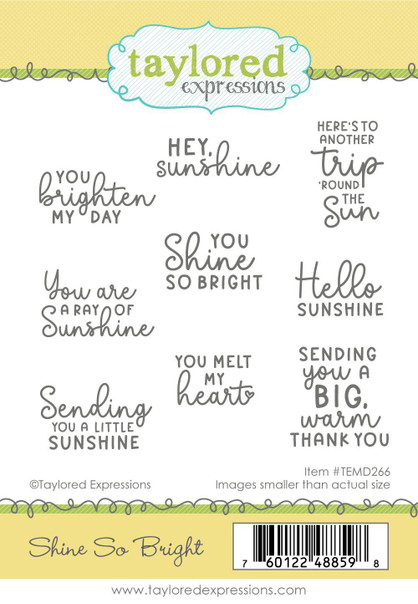 Graphic of Shine So Bright sentiments on red rubber stamps for paper crafting.