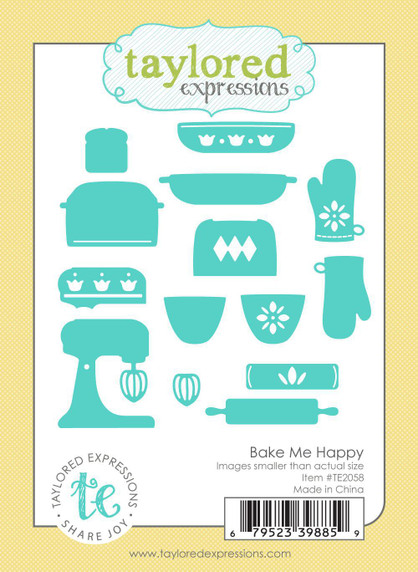 Graphic of Bake Me Happy steel die set for paper crafting that includes baking items.