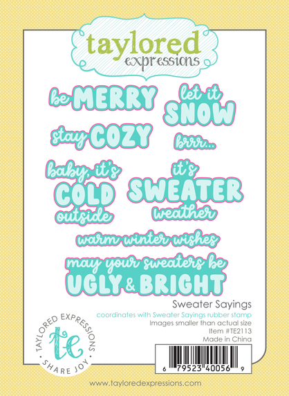 Graphic of Sweater Sayings steel die set that cuts out 8 sentiments that are holiday and winter related for papercrafting.