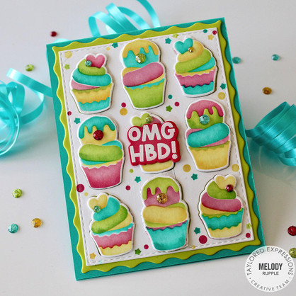 Handmade greeting card of cupcakes on it with OMG HBD sentiment on it.