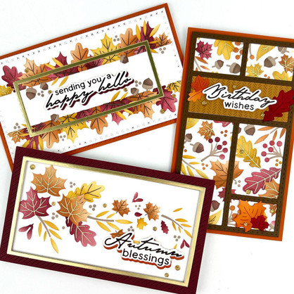 Three handmade greeting cards with fall leaves on each with fall sentiments on all of them.