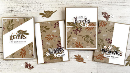 Four handmade greeting cards with leaves on it and thanks with different sentiments on it.