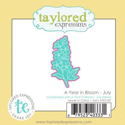 A graphic of a year in bloom - July which is a steel die for the larkspur flower for papercarfting.