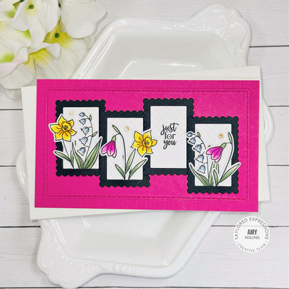 Handmade greeting card with four frames on it with flowers in them and just for you sentiment on it.