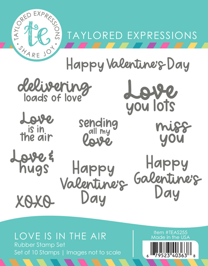 Graphic of Love is in the Air rubber stamp set that includes 10 stamps for Valentine's Day.