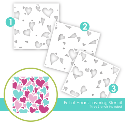 Graphic of Full of Hearts Layering Stencil which includes 3 stencils to create hearts for papercrafting.