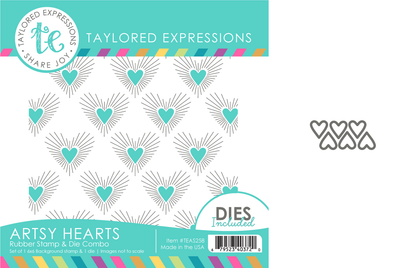 Graphic of Artsy Hearts 6x6 Background Stamp and Die Combo with heart-shaped stamps for papercrafting.