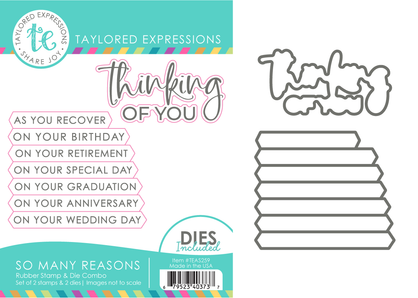 Graphic showcasing the So Many Reasons red rubber stamp and coordinating steel die set, featuring a variety of heartfelt sentiments for celebrating special occasions and meaningful moments.