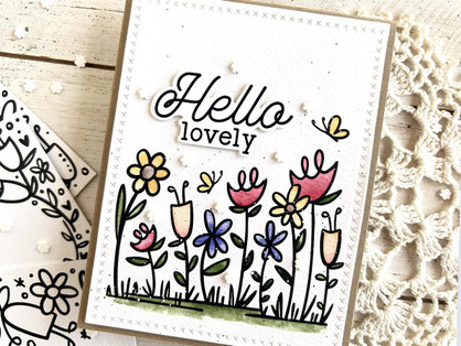 Handmade greeting card with plants on it and hello lovely sentiment on it.