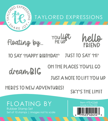 Graphic of Floating By Rubber Stamp Set that includes balloon related sentiment stamps for papercrafting.