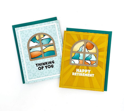 Two handmade cards: one with a Thinking of You sentiment and rolling hills, the other with a Happy Retirement sentiment and mountain reflection, both framed by arched windows.