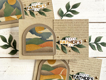 Handmade father's day card with sentiment Happy Father's day on the right of the card and on the left colorful rolling hills inside an arched window.