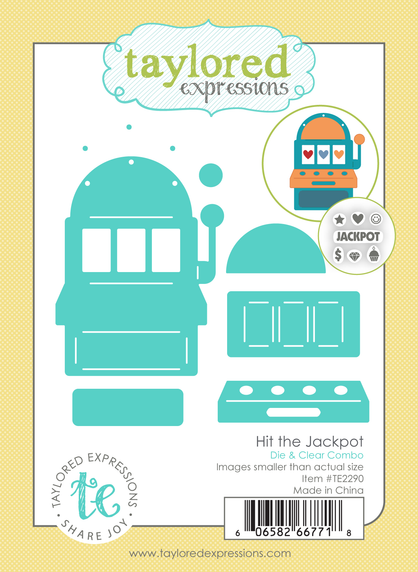Graphic of packaging of Hit the Jackpot steel die and clear stamp combo used for paper crafting.