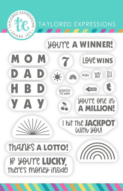 Graphic of packaging of 22 clear stamps with phrasing about being lucky, winning the jackpot, and parents for paper crafting.