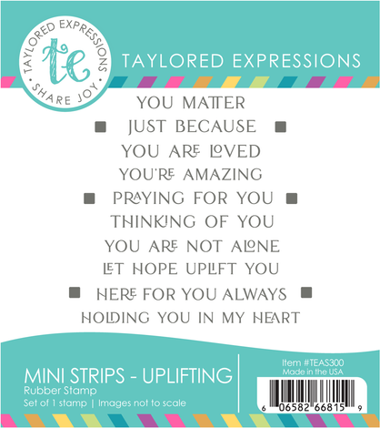 Graphic of red rubber stamp set of uplifting sentiments used for paper crafting.