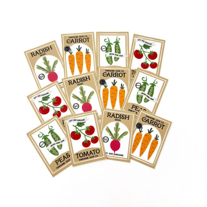 Three sets of four different seeds & such envelope seals including a tomato, carrot, peas, and radish for paper crafting.