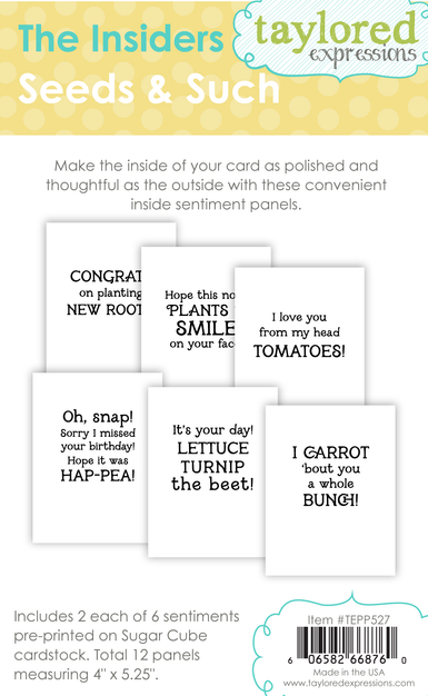 Graphic of 6 sentiments with different vegetable and gardening themes on it for paper crafting.
