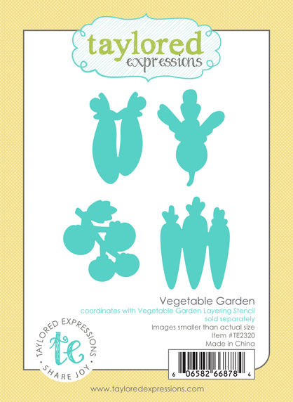 Graphic of 4 steel die vegetable garden set for paper crafting including peas, radish, tomatoes, and carrots.