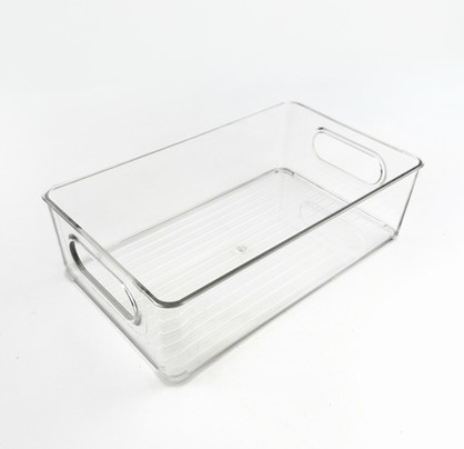 Smaller clear crate that measures 5 ⅝ in. wide, 9 ¾ in. deep, and 2 ¾ in. tall, to hold paper crafting materials. Smaller clear crate that measures 5 ⅝ in. wide, 9 ¾ in. deep, and 2 ¾ in. tall, to hold paper crafting materials.
