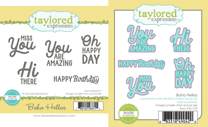 Two product images side by side—one showing the Boho Hellos red rubber stamp set with five cheerful sentiments in playful fonts, and the other displaying the coordinating Boho Hellos steel die set designed to cut out each sentiment.