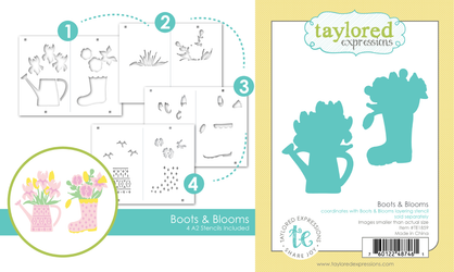 Two graphics featuring the Boots & Blooms crafting tools—one showing the layering stencil set used to create floral arrangements in a rainboot and watering can, and the other showing the coordinating steel dies that cut out the stenciled designs.