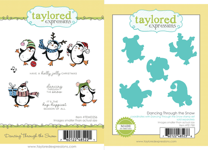 Two images showcasing the Dancing Through the Snow set—one of the stamp set with five festive penguin designs and one of the coordinating dies that cut out each playful penguin.