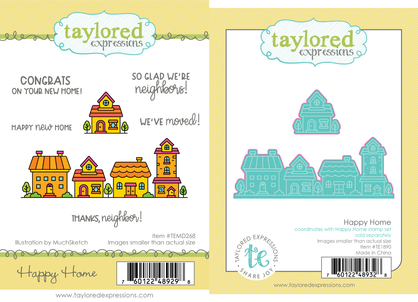 Graphic featuring the Happy Home Stamp Set with a cozy house and neighborhood border, alongside the coordinating dies that cut out the stamped designs.