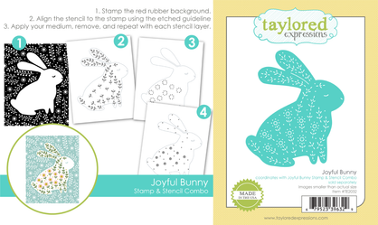 Two graphics showcasing the Joyful Bunny Stamp & Stencil Combo—one featuring the large background bunny stamp with layered stencil details, and the other showing the coordinating die for easy cutting.
