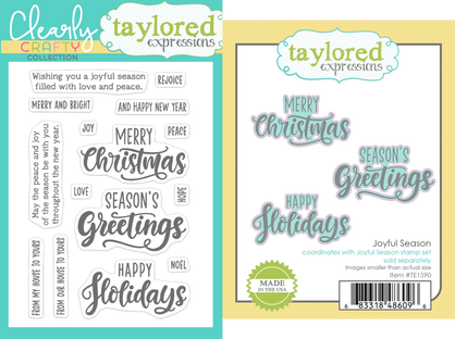 Two images showing the Joyful Season set—one with clear stamps featuring holiday sentiments, and the other with coordinating dies to add dimension to the greetings.