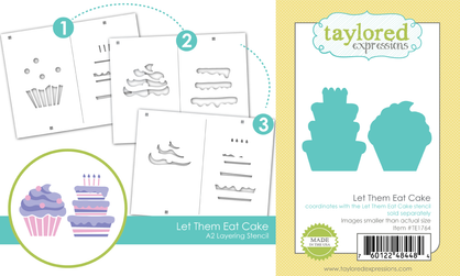Two images showing the Let Them Eat Cake set—one with the cupcake and birthday-themed layering stencil, and the other with the coordinating steel dies for cutting out the stenciled designs.