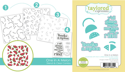 Two images showing the One in a Melon set—one with the watermelon-themed layering stencil and clear stamps featuring playful sentiments, and the other with the coordinating dies that cut out the stamped and stenciled designs.