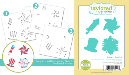 Two images showcasing the Party In The USA set—one with the layering stencil featuring a rocket, firework, Uncle Sam hat, and pinwheel, and the other with coordinating steel dies for cutting out the stenciled designs.