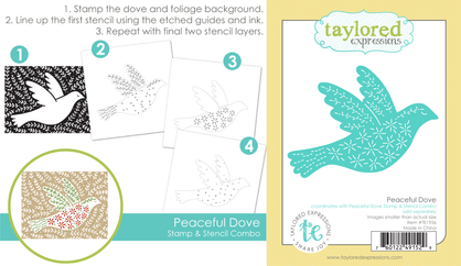 Two images—one showcasing the Peaceful Dove Stamp & Stencil Combo with a beautifully inked dove design, and the other displaying the coordinating steel die used to cut out the dove shape.