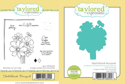 Two images—one showcasing the Sketchbook Bouquet stamp set with a detailed wildflower illustration and sentiments, and the other displaying the coordinating steel die designed to cut out the floral bouquet.