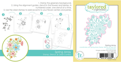 Graphic featuring two images—one showing the Spring Array Stamp, Stencil, and Clear Combo with a layered floral bouquet design, and the other displaying the matching die set used to cut out the completed arrangement.
