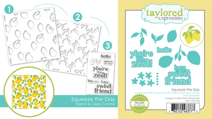 Graphic showing the Squeeze the Day Stencil & Clear Combo with citrus stamps and stencils on the left, and the coordinating die set on the right, perfect for layering lemony goodness!