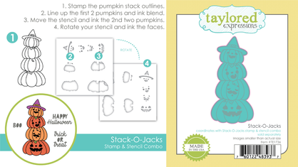 Two graphics side by side—one featuring the Stack-o-Jacks Stamp & Stencil Combo with a stack of whimsical pumpkins, and the other showcasing the coordinating steel dies designed to cut out the spooky stack with precision.