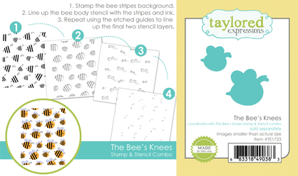 Two images side by side—one featuring the Bee’s Knees Stamp & Stencil Combo with cheerful bee designs, and the other showing the coordinating die set that perfectly pairs with the combo for buzzing dimension.