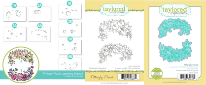 Three product graphics featuring the Fittingly Floral layering stencil, coordinating stamp set with floral swags, and matching steel die for effortless crafting.