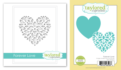 Two product images showing the Forever Love Stencil with a decorative heart design and the coordinating dies for easy cutting and layering.